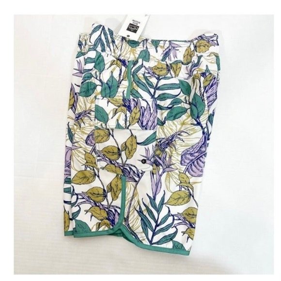 Sovereign Code NWT Sz L Botanical/Ecru Joyride Tropical Drawstring Swim Trunks - Picture 3 of 5